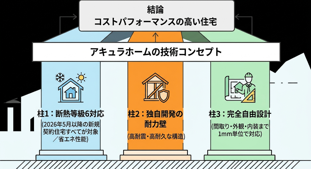 アキュラホームの技術コンセプトを支える3本の柱と結論を描いた概念図