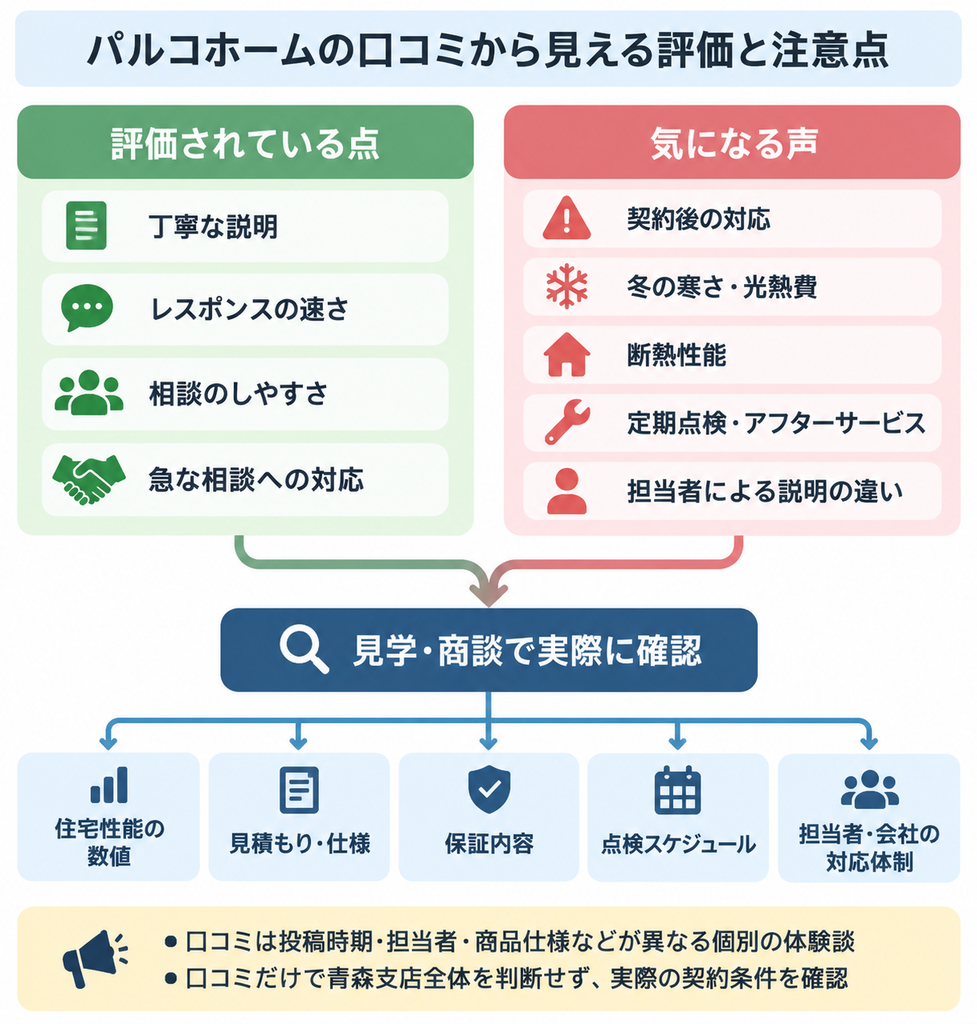 パルコホームの口コミ評価と注意点、契約前に確認したい住宅性能や保証・対応体制を整理した比較図解