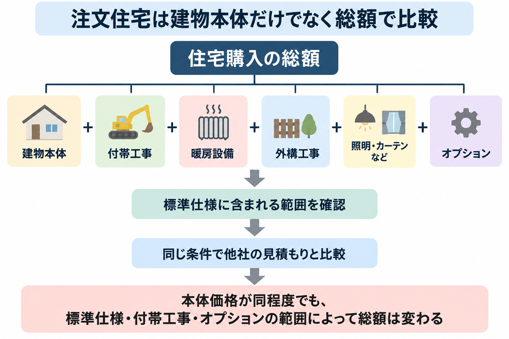 注文住宅の総額を構成する費用項目と、標準仕様や見積もりを比較する流れを示した図解