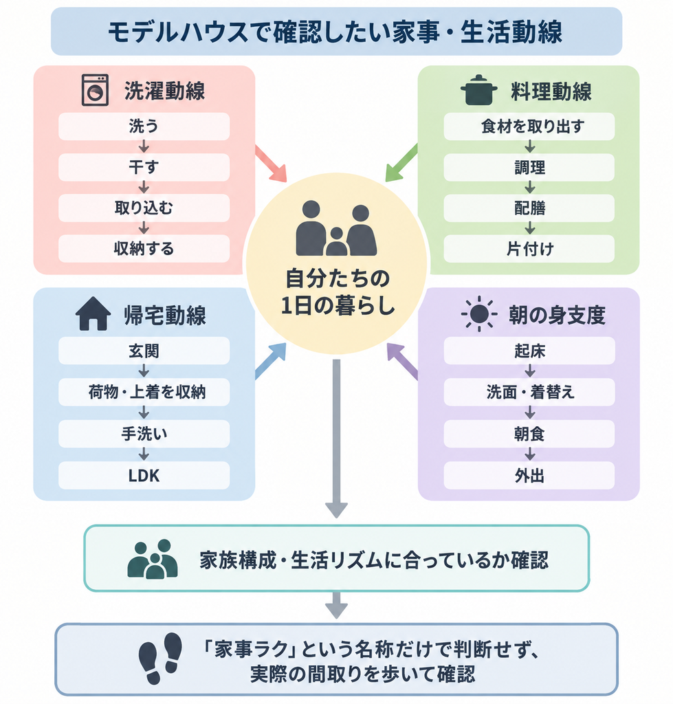 モデルハウスで洗濯・料理・帰宅・朝の身支度の生活動線を確認するポイントを示したフロー図