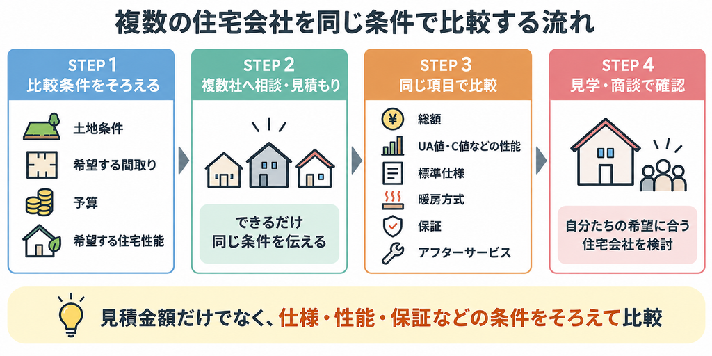 複数の住宅会社を同条件で見積もり、仕様・性能・保証まで比較する4ステップの流れ