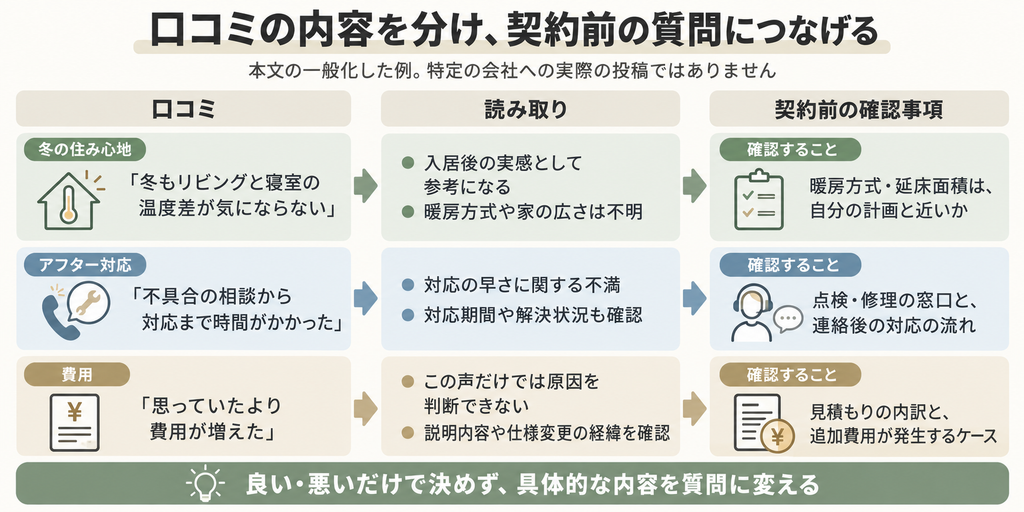 住み心地やアフター対応、費用の口コミを内容ごとに読み解き、契約前に確認したい具体的な質問へつなげる図解
