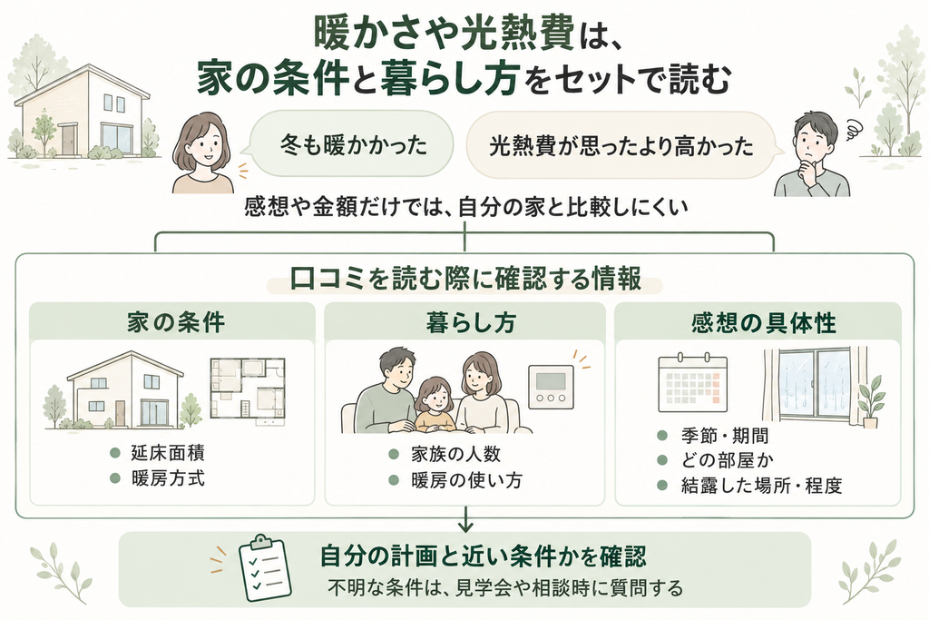 暖かさや光熱費の口コミを、家の条件と暮らし方、感想の具体性から読み解き、見学時の質問につなげる相関図