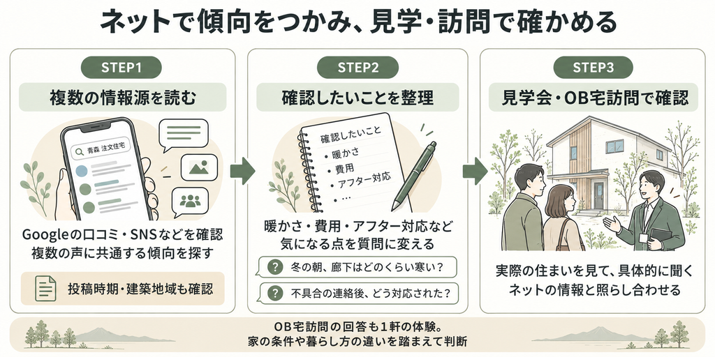 複数の口コミから傾向をつかみ、質問を整理して見学会やOB宅訪問で確かめる住宅会社選びの3ステップを示す図